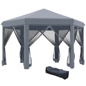 Outsunny 3.2m Pop Up Gazebo Hexagonal Canopy Tent Outdoor w/ Bag Grey