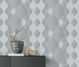 Tranquil Curvy Shimmer Vinyl Wallpaper in White and Soft Neutrals