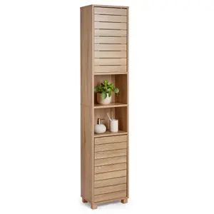 VonHaus Tall Bathroom Cabinet, Oak Wood Effect Bathroom Tallboy Unit, Slatted Bathroom Storage for Kitchen and Hallway, Chester