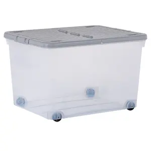 5 x Wham 44L Stackable Plastic Storage Box with Wheels & Folding Lid Clear/Cool Grey