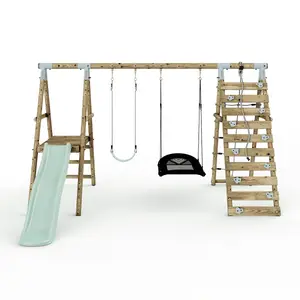 Limited Edition Rebo Wooden Double Swing Set with Slide plus Up and Over Climbing Wall - Quartz - Pastel Green