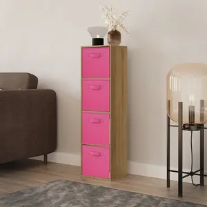 URBNLIVING 106cm Height Distressed Wood 4-Tier Cube Shelving Unit with Dark Pink Inserts