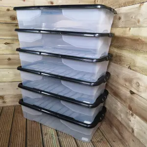 6 x 42L Clear Under Bed Storage Box with Black Lid, Stackable and Nestable Design Storage Solution