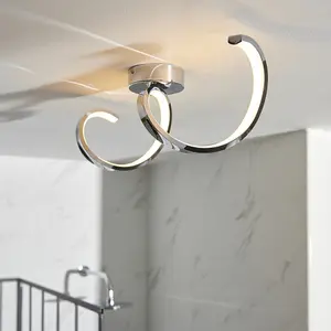 Modern Semi Flush Bathroom Ceiling Light - Chrome Plated & White Diffuser