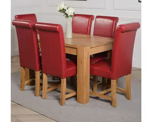 Kuba 125 x 80 cm Chunky Oak Small Dining Table and 6 Chairs Dining Set with Washington Burgundy Leather Chairs