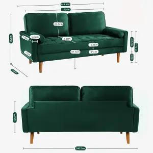 148CM Velvet Love Seat Green Couch with 2 Pillows