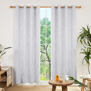 Deconovo Thermal Blackout Curtains, Silver Wave Line Foil Printed Eyelet Curtains for Bedroom, 52 x 54 Inch, Silver Grey, One Pair