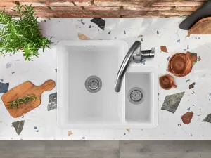 Clearwater Metro Ceramic White Kitchen Sink 1.5 Bowl Undermount/ Inset - MET1010 + Waste Kit