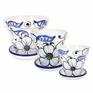 Blue Flowers Hand Painted Set of 3 Classic Pots & Drainage Plates (D) 16-29cm