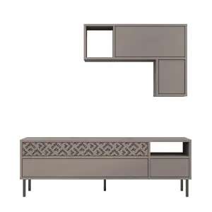 Decortie Heaton Modern TV Unit Mocha Grey with Storage and Wall Shelf 144.6cm