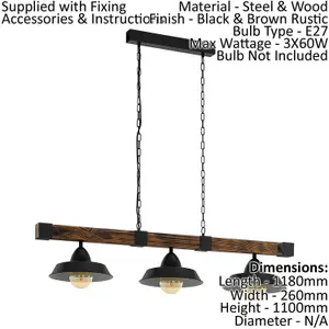 Hanging Ceiling Pendant Light Black & Rustic Wood 3 Bulb Kitchen Island Dining