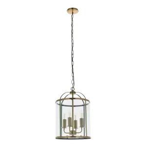 Anson Lighting Powell 4lt Pendant light finished in Antique brass plate and clear glass