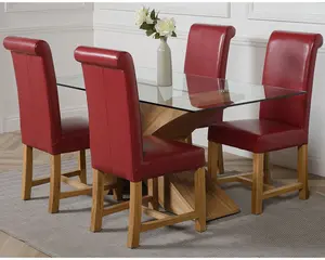 Valencia 160 cm x 90 cm Glass Dining Table and 4 Chairs Dining Set with Washington Burgundy Leather Chairs