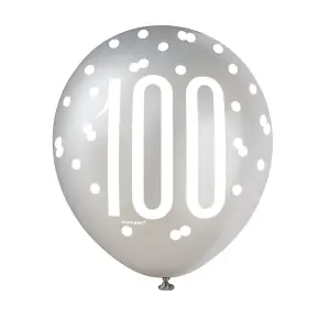 Unique Party Age 100 Glitz Latex Balloons (Pack Of 30) Black/White/Grey (One Size)