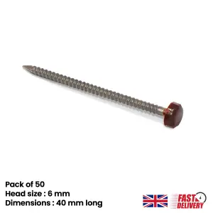 50pk UPVC Panel Pins 40mm Poly Top Pins Nails Plastic Headed Fascia Fixings Roofing Nails Brown