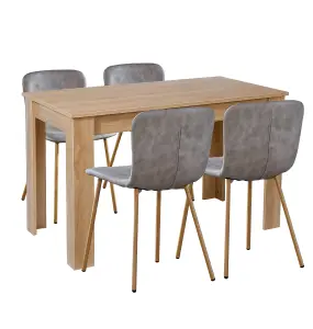 Hallowood Furniture Newquay Oak Fixed Top Table 120cm with 4 Grey Leather Effect Chairs