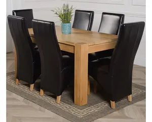 Kuba 150 x 85 cm Chunky Medium Oak Dining Table and 6 Chairs Dining Set with Lola Black Leather Chairs