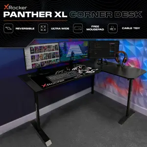 X-Rocker Panther XL Reversible Corner Office Desk 155 x 108cm Right Left L-Shape Gaming Computer Table - BLACK