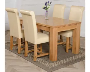 Dakota 152 x 87 cm Chunky Medium Oak Dining Table and 4 Chairs Dining Set with Washington Ivory Leather Chairs