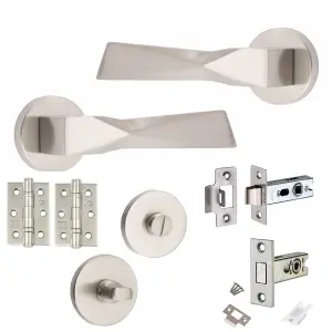 1 Set Aura Design Bathroom Complete Door Handle Set Satin Nickel Finish