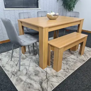 Dining Table and 4 Chairs With Bench Oak Effect Wood 4 Grey Velvet Chairs Dining Room