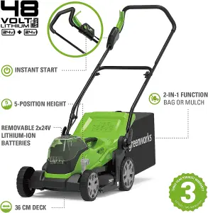 Greenworks Tools 48V (2 x 24V) 36cm (14") Lawnmower includes 2 x 24V 2Ah batteries & 2Ah charger