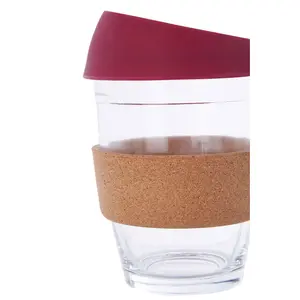 Interiors by Premier Glass Mug With Red Silicone Lid, Glass Coffee Mug With Silicone Lid and Cork Wrap, Glass Mug With Lid