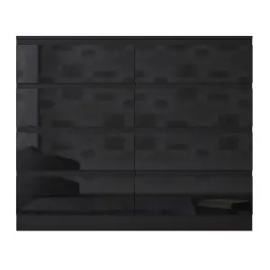 8 Drawer Black Gloss Chest Of Drawers Large Deep Storage