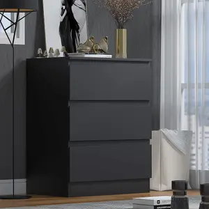 Black Chest Of 3 Drawers Scratch Resistant Bedroom Furniture