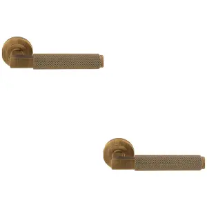 2 PACK - Premium Knurled Door Handle Set - Antique Brass Angled Lever on Round Rose