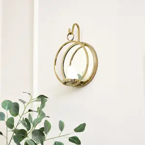 Melody Maison Round Gold Mirrored Wall Candle Sconce