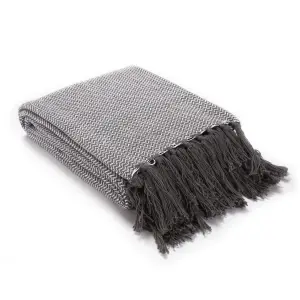 EHC Wave Large Cotton Throw With Tassels Perfect Layer For Sofa, Bed, Armchair and Couch 150 X 200 cm, Grey