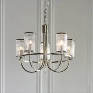 5 Light Hanging Ceiling Pendant & 2x Matching Wall Lights - Bright Nickel Frame Clear Ribbed Bubble Glass Shades