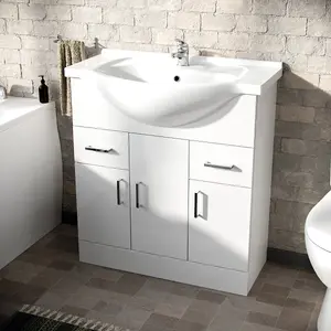 Nes Home Memphis 3-Piece Bathroom Suite White - Close Coupled Toilet, 750mm Basin Vanity Unit and Round Bath Tub