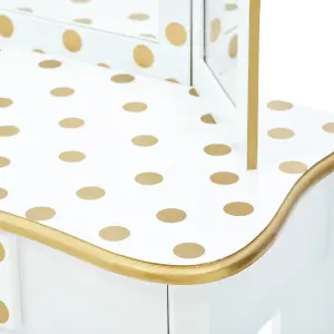 Teamson Kids Dressing Table, Play Vanity Set with Mirror & Stool - White/Gold/Polka Dots