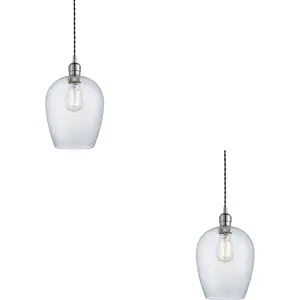 2 PACK Hanging Ceiling Pendant Light - Bright Nickel Plate & Clear Hammered Glass - 10W LED E27