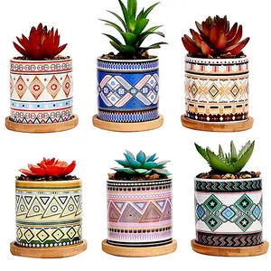 simpa 6PC Natural Pattern Ceramic Plant Pots with Bamboo Base