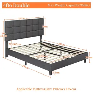 Yaheetech Dark Grey 4ft6 Double Upholstered Bed Frame with Square Tufted Adjustable Headboard and Wooden Slats Support