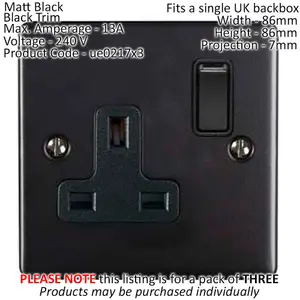 3 PACK 1 Gang Single UK Plug Socket MATT BLACK 13A Switched Power Outlet