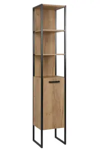 Tall Bathroom Cabinet Storage Unit Tallboy Black Steel Oak Finish Freestanding Loft Industrial Brook