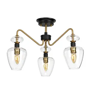 3 Bulb Semi Flush Light Aged Brass Finish Charcoal Black Paint LED E14 40W