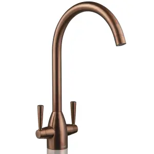 Deva Carlow Dual Lever Kitchen Sink Mixer Tap In Brushed Copper - Sleek & Durable Swan Neck Design - With Swivel Spout