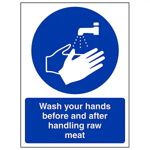 Handling Raw Meat Wash Hands Sign - Rigid Plastic - 200x300mm (x3)