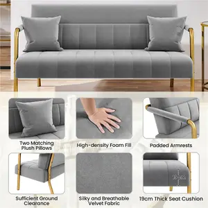 Yaheetech Light Grey Upholstered Sofa Couch with Gold-tone Metal Legs and 2 Pillows