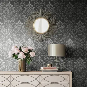 Muriva Grey Damask Metallic effect Embossed Wallpaper