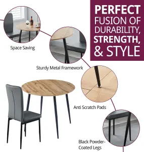 Hallowood Furniture Cullompton Small Round Dining Table 90cm with 2 Faux Leather Grey Chairs