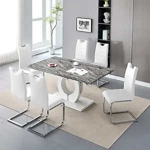 Furniture In Fashion Halo Melange Marble Effect Dining Table 6 Petra White Chairs