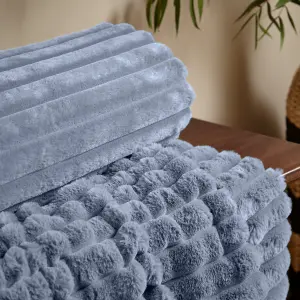 Catherine Lansfield Cosy Ribbed Faux Fur Blanket Throw Lansfield Blue