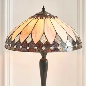 Tiffany Glass Table Lamp Light Dark Bronze & Rich Cream Art Deco Shade i00178