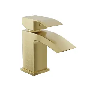 Brushed Brass Lucia Waterfall Basin Tap Mono Mixer Solid Brass & Waste